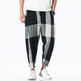 men fashion Summer Men's plus Size Loose Plaid Pants Cotton and Linen Cropped Pants Bloomers Straight Casual Pants Men