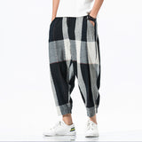 men fashion Summer Men's plus Size Loose Plaid Pants Cotton and Linen Cropped Pants Bloomers Straight Casual Pants Men