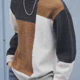 Joior All Match Knitted Color Block Sweater, Men's Casual Warm Mid Stretch Crew Neck Pullover Sweater For Men Fall Winter