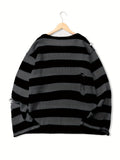 Joior All Match Knitted Ripped Striped Sweater, Men's Casual Warm Slightly Stretch Crew Neck Pullover Sweater For Fall Winter