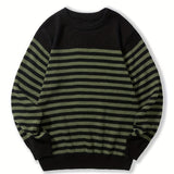 Joior All Match Knitted Striped Sweater, Men's Casual Warm Slightly Stretch Crew Neck Pullover Sweater For Fall Winter