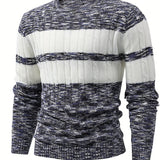 Joior All Match Knitted Color Block Sweater, Men's Casual Warm Mid Stretch Round Neck Pullover Sweater For Fall Winter