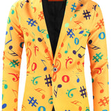 Joior Allover Print One Button Blazer, Men's Casual Music Note Pattern Flap Pocket Lapel Sports Coat For Spring Fall Business