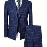 Joior Formal 3pcs Set, Men's Retro Plaid Suit Jacket & Single Breasted Vest & Pants Suit Set For Business Dinner Wedding Party