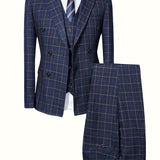 Joior Formal 3pcs Set, Men's Retro Plaid Suit Jacket & Single Breasted Vest & Pants Suit Set For Business Dinner Wedding Party