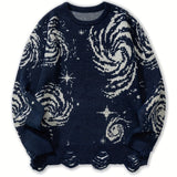 Joior All Match Knitted Galaxy Pattern Sweater, Men's Casual Warm Slightly Stretch Crew Neck Pullover Sweater For Fall Winter