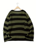 Joior All Match Knitted Ripped Striped Sweater, Men's Casual Warm Slightly Stretch Crew Neck Pullover Sweater For Fall Winter