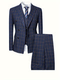 Joior Formal 3pcs Set, Men's Retro Plaid Suit Jacket & Single Breasted Vest & Pants Suit Set For Business Dinner Wedding Party