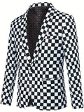 Checkerboard Pattern One Button Blazer, Men's Casual Flap Pocket Lapel Sports Coat For Business Banquet Party Dinner