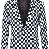 Joior Checkerboard Pattern One Button Blazer, Men's Casual Flap Pocket Lapel Sports Coat For Business Banquet Party Dinner