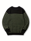 Joior All Match Knitted Striped Sweater, Men's Casual Warm Slightly Stretch Crew Neck Pullover Sweater For Fall Winter