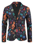 Allover Print One Button Blazer, Men's Casual Music Note Pattern Flap Pocket Lapel Sports Coat For Spring Fall Business