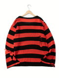 Joior All Match Knitted Ripped Striped Sweater, Men's Casual Warm Slightly Stretch Crew Neck Pullover Sweater For Fall Winter