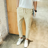 Joior Summer Pants Male Korean Trend Loose Casual Pants Male Small Feet 9-Point Pants Slim Linen Mens Fashion Streetwear Size M-5Xl