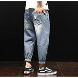 Joior Men Summer Ripped Ankle Length Plus Size Jeans 38 40 42 Harem Holes Hip Hop Trousers Denim Scratched Loose Boys Cool Blue Pants