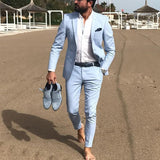 Joior Light Blue Linen Summer Men Suits Slim Fit 2 Piece Groom Tuxedo for Wedding Male Fashion Jacket with Pants