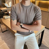 Joior British style Summer Solid Short Sleeve Knitted T-shirt Men Fashion O-Neck Stripe Slim Fit Tee High Quality Men Clothing 6Colors