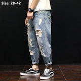 Joior Men Summer Ripped Ankle Length Plus Size Jeans 38 40 42 Harem Holes Hip Hop Trousers Denim Scratched Loose Boys Cool Blue Pants