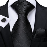  Black Plaid Ties For Men 8cm Width Silk Mens Business Wedding Neck Tie Set Pocket Square Cufflinks Gravatas Homens Cravatta