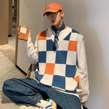 Joior Checkered Plaid Sweater Vests Men Fashion Panelled Oversize Autumn Warm Sleeveless Jumpers Male V-neck Retro Ins Korean Knitwear