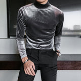 Mens Half High Collar Long Sleeve T Shirts High Quality Velvet Stretched Slim Fit Solid Color T-Shirts Homme