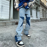 Joior Harajuku Stars Letter Embroidery Patchwork Straight Flare Jeans Pants Mens Retro Ripped Oversized Casual Denim Trousers