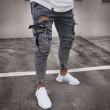 Men Jeans Casual Pants New Fashion Frayed Slim Fit Long Denim Pants Hole Jeans