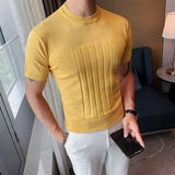 Joior British style Summer Solid Short Sleeve Knitted T-shirt Men Fashion O-Neck Stripe Slim Fit Tee High Quality Men Clothing 6Colors