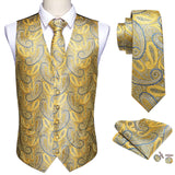 Joior 4PC Mens Extra Silk Vest Party Wedding Gold Paisley Solid Floral Waistcoat Vest Pocket Square Tie Suit Set