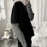 Joior Cool Striped Patchwork T-Shirt Men Autumn Oversize Tops Boys Solid Long Sleeve T Shirt Fashion Japanese Gothic Japan T Shirt