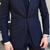 Joior 2 Piece Pinstripe Men's Suit Slim Fit for Formal Wedding Tuxedo Notched Lapel Navy Blue Striped Business Groom Male Fashion