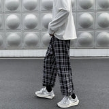 Men Casual Pants Plaid Ankle Length Loose Wide Leg All-match Elastic Waist Fashion Trousers Streetwear Harajuku Korean Retro Ins