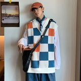 Joior Checkered Plaid Sweater Vests Men Fashion Panelled Oversize Autumn Warm Sleeveless Jumpers Male V-neck Retro Ins Korean Knitwear