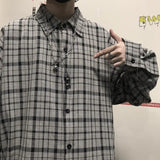 Joior Ootdstudio Korean ins versatile Plaid loose oversize long sleeve shirt for men and camisa masculina gray shirts