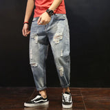 Joior Men Summer Ripped Ankle Length Plus Size Jeans 38 40 42 Harem Holes Hip Hop Trousers Denim Scratched Loose Boys Cool Blue Pants