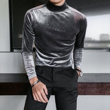 Joior Autumn Winter Mens Half High Collar Long Sleeve T Shirts High Quality Velvet Stretched Slim Fit Solid Color T-Shirts Homme