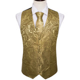 Joior 4PC Mens Extra Silk Vest Party Wedding Gold Paisley Solid Floral Waistcoat Vest Pocket Square Tie Suit Set