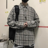 Joior Ootdstudio Korean ins versatile Plaid loose oversize long sleeve shirt for men and camisa masculina gray shirts