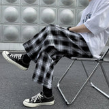 Joior Men Casual Pants Plaid Ankle Length Loose Wide Leg All-match Elastic Waist Fashion Trousers Streetwear Harajuku Korean Retro Ins