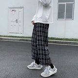 Joior Men Casual Pants Plaid Ankle Length Loose Wide Leg All-match Elastic Waist Fashion Trousers Streetwear Harajuku Korean Retro Ins