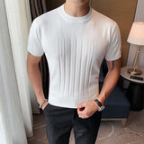 Joior British style Summer Solid Short Sleeve Knitted T-shirt Men Fashion O-Neck Stripe Slim Fit Tee High Quality Men Clothing 6Colors