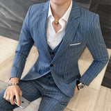 ( Jackets + Vest + Pants ) Men's Fashion High-grade Business Striped Suit Three-piece Men Wedding Dress Smart Suit Blazers