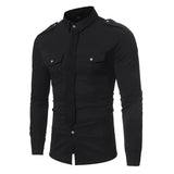 Double Pocket Military Style Black Shirt Men Casual Contrast Color Fake Tie Social Shirt Male Slim Fit Long Sleeve Chemise