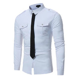 Joior Double Pocket Military Style Black Shirt Men Casual Contrast Color Fake Tie Social Shirt Male Slim Fit Long Sleeve Chemise