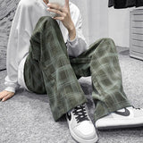 Joior Corduroy Mens Joggers Pants Men's Spring and Autumn Chic Hong Kong Style Green Plaid Pants Straight Tube Loose Vintage Pants