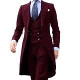 Joior New Fashion Long Coat Designs Burgundy Men Suit Gentle Men Tuxedo Prom Wedding Blazer Custom 3 Pieces (Jacket+vest+Pants)