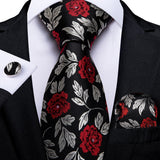 Joior Black Red Rose Floral Ties For Men 8cm Men's Silk Neck Tie Handkerchief Cufflinks Set Business Wedding Tie Gift For Men