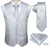 Joior 4PC Mens Extra Silk Vest Party Wedding Gold Paisley Solid Floral Waistcoat Vest Pocket Square Tie Suit Set