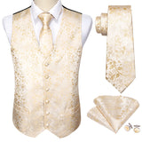 Joior 4PC Mens Extra Silk Vest Party Wedding Gold Paisley Solid Floral Waistcoat Vest Pocket Square Tie Suit Set