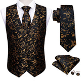 Joior 4PC Mens Extra Silk Vest Party Wedding Gold Paisley Solid Floral Waistcoat Vest Pocket Square Tie Suit Set